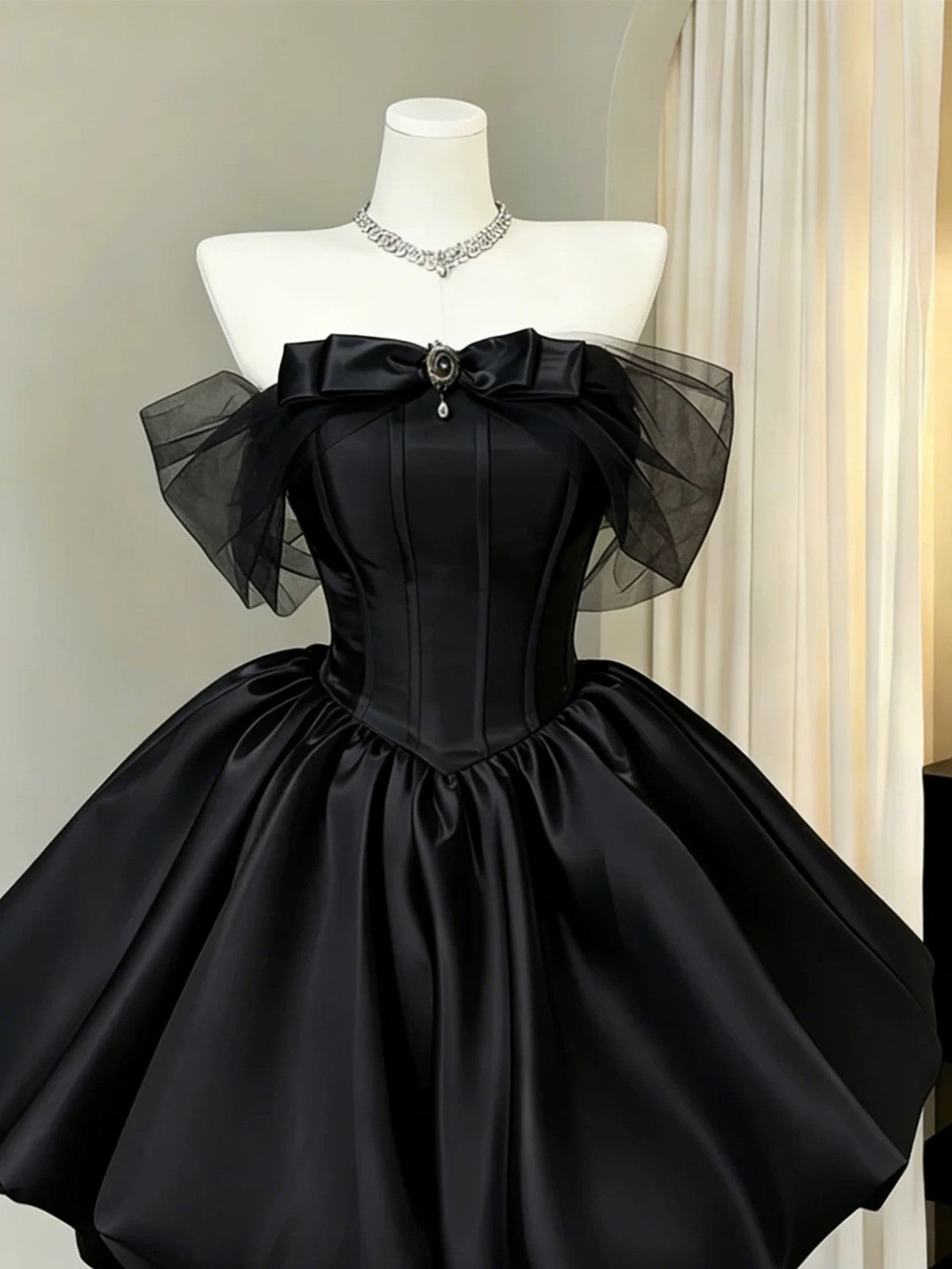 Black Off Shoulder Satin and Tulle Homecoming Dress, Black Short Party Dress