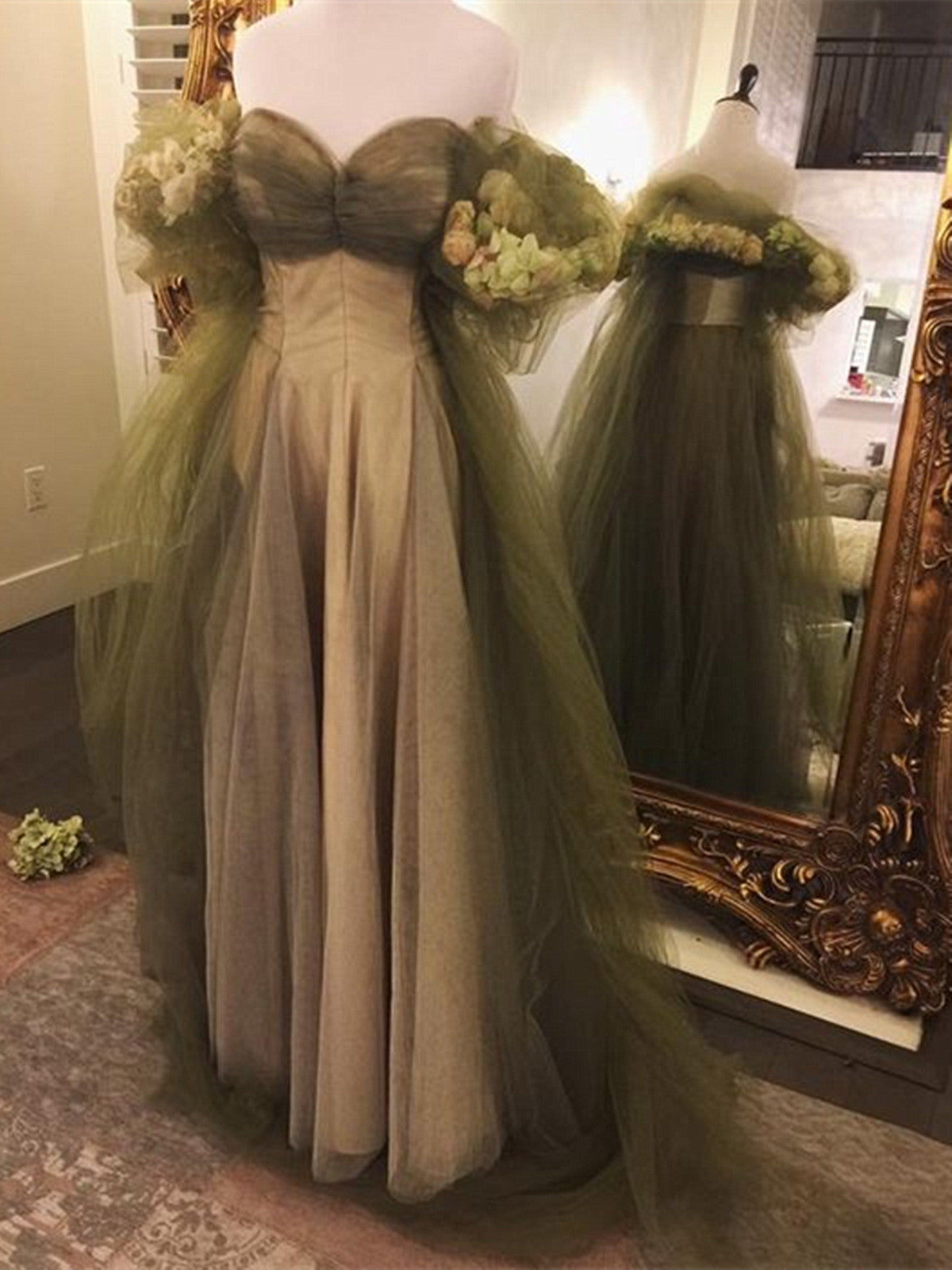 Green Tulle Prom Dress Off Shoulder Puff Sleeve Evening Gown,A-line Long Formal Dress with Floral Sleeves