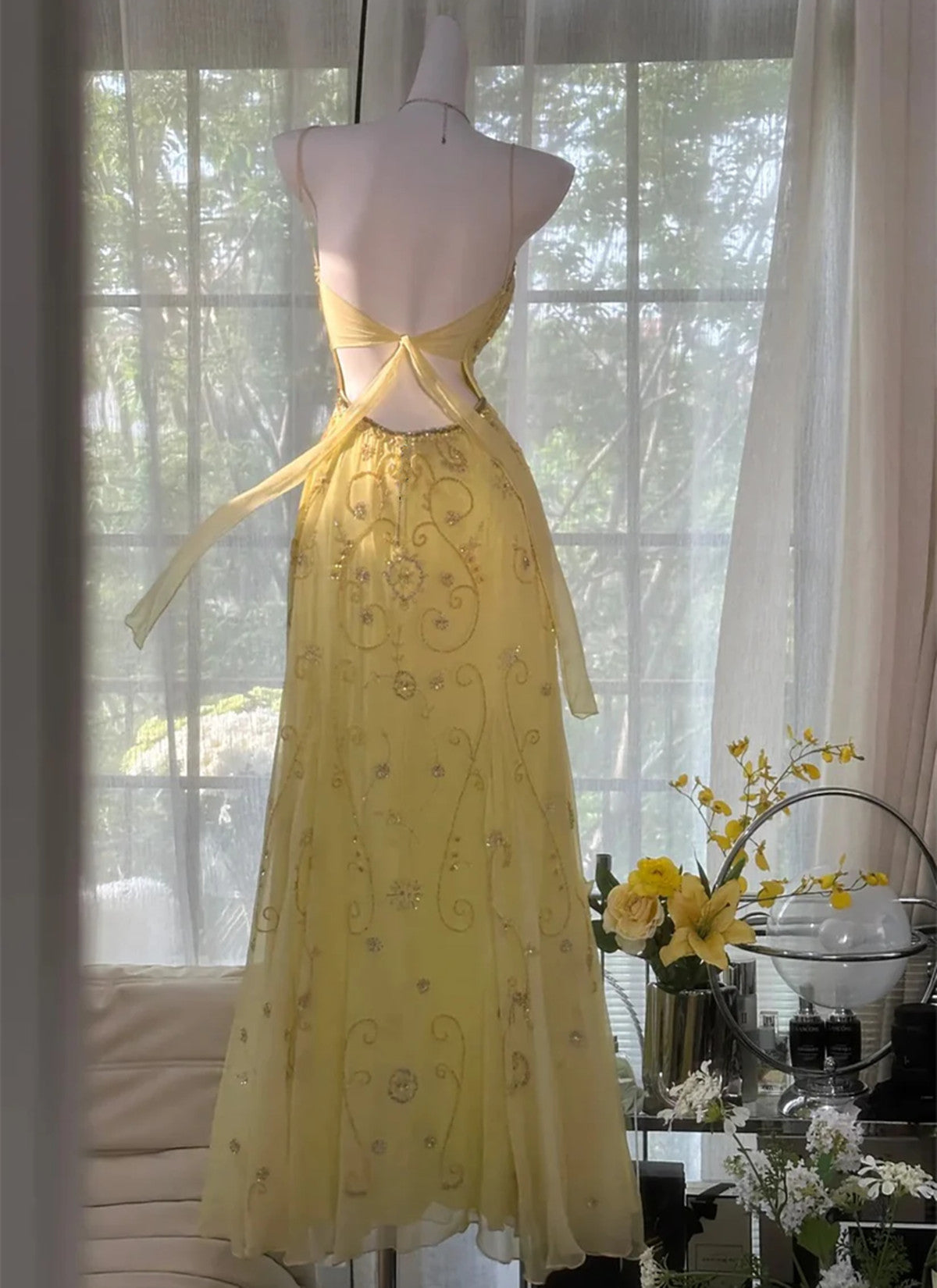 Elegant Chiffon Yellow Beaded Low Back Prom Dress, Yellow Sweetheart Straps Long Evening Formal Dress