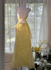 Elegant Chiffon Yellow Beaded Low Back Prom Dress, Yellow Sweetheart Straps Long Evening Formal Dress