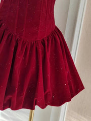 Wine Red Velvet Short Homecoming Dress, A-Line Strapless Wine Red Short Party Dress