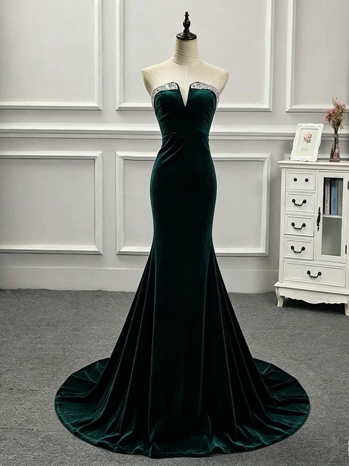 Green Velvet Mermaid Strapless Long Formal Dress, Green Wedding Party Dress Evening Dress