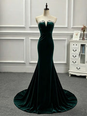 Green Velvet Mermaid Strapless Long Formal Dress, Green Wedding Party Dress Evening Dress