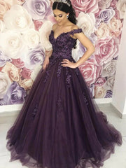 Dark Purple Off-The-Shoulder Ball Gown Prom Dress, Lace Appliques Tulle Sweetheart Quinceanera Gown Formal Evening Party Dress
