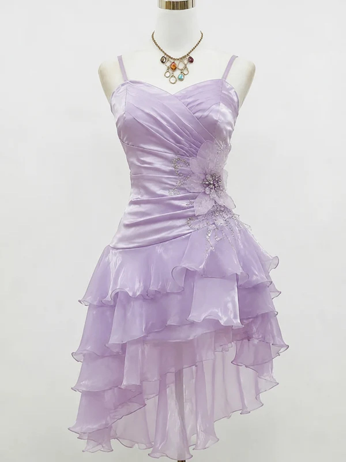 Lavender Spaghetti Strap Organza Homecoming Dress, High-Low Ruffled Skirt Beaded Short Party Dress