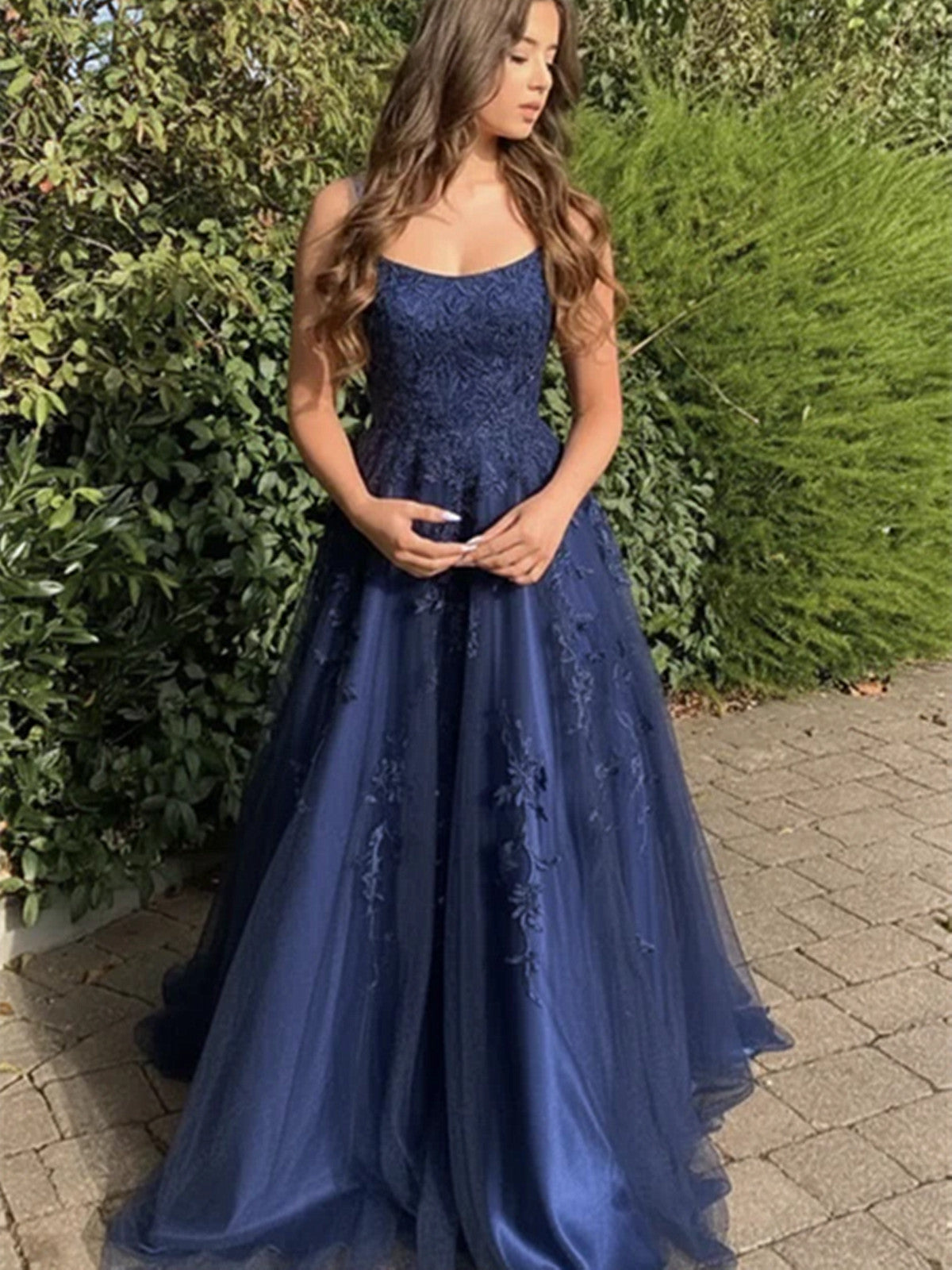 Navy Blue Lace Straps Prom Dress,  A-Line Tulle with Lace Applique Long Evening Dress