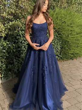 Navy Blue Lace Straps Prom Dress,  A-Line Tulle with Lace Applique Long Evening Dress
