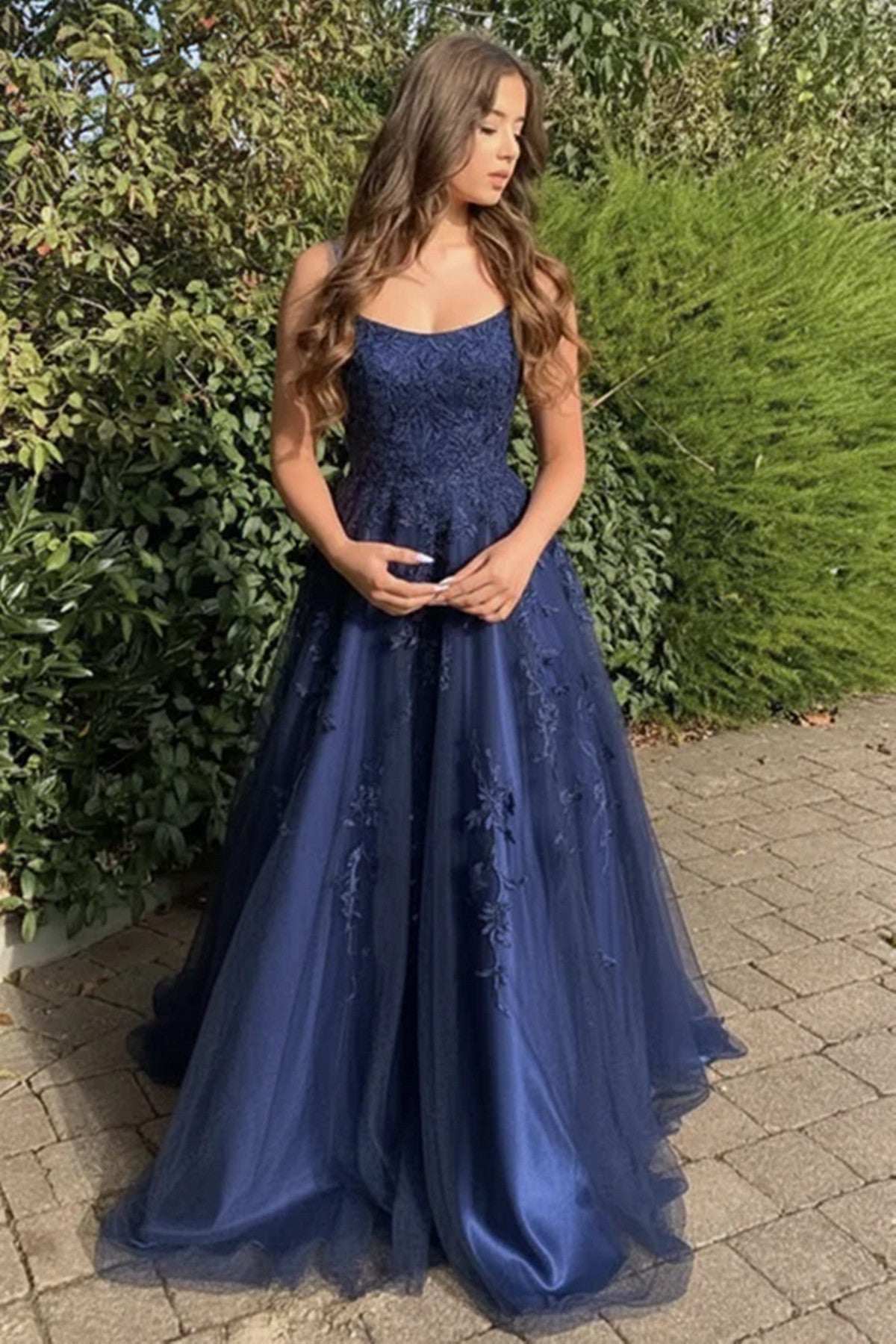 Navy Blue Lace Straps Prom Dress,  A-Line Tulle with Lace Applique Long Evening Dress