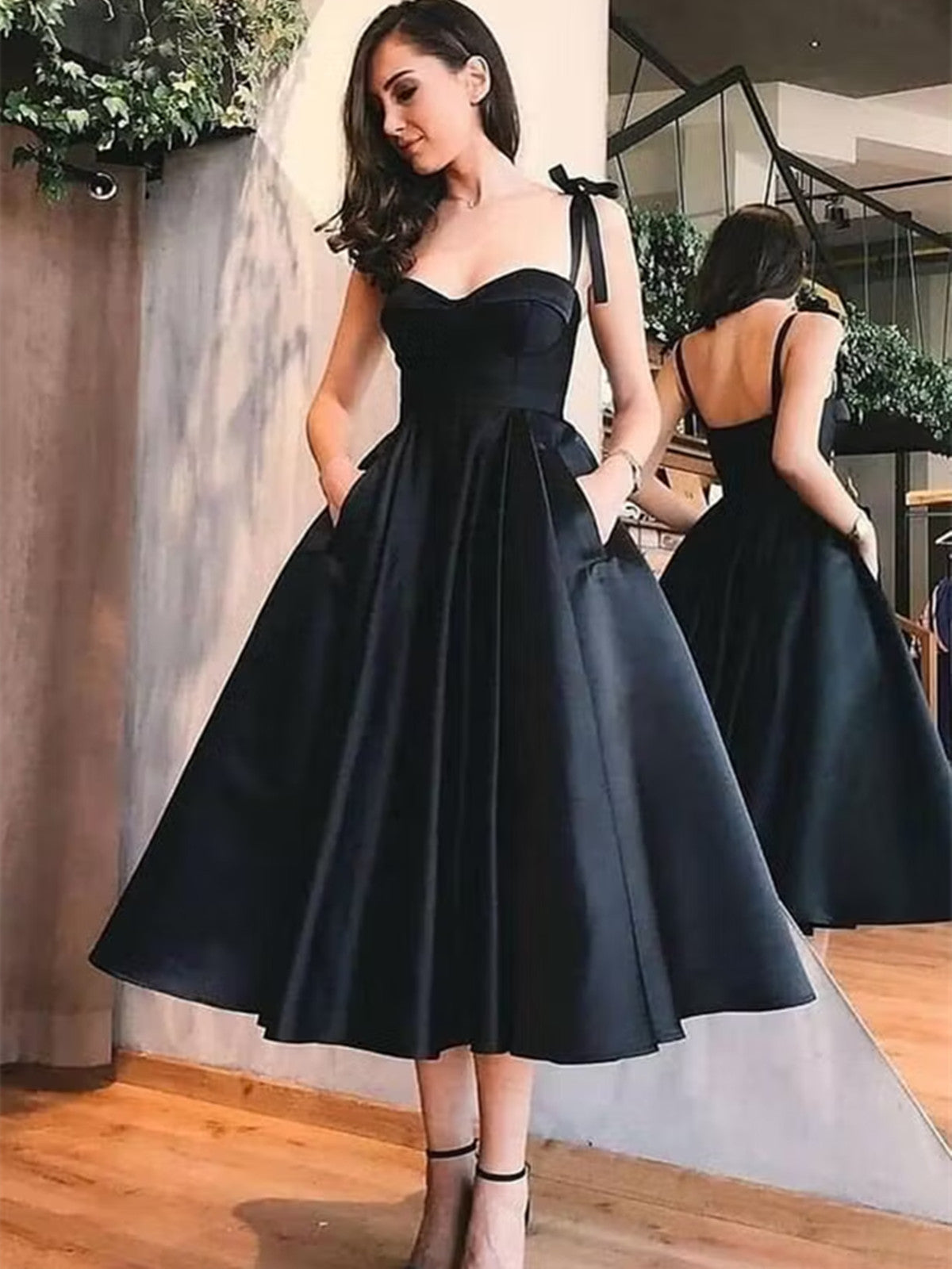 Chic Black Satin Straps Sweetheart Tea Length Party Dress, Black Satin Wedding Party Dress