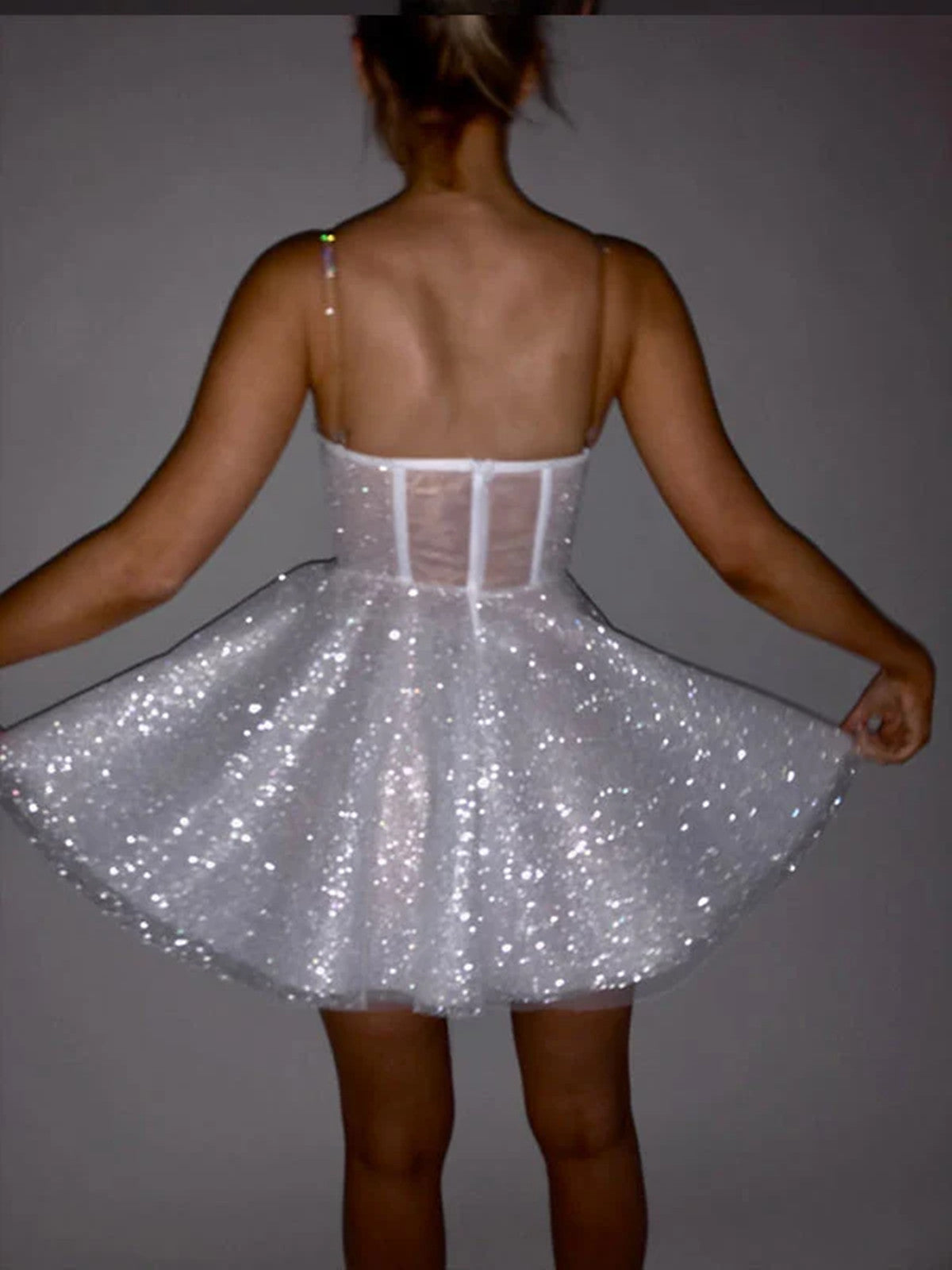 White Knee Length Tulle Straps Sweetheart Party Dress, White Shiny Short Party Dress Graduation Dress