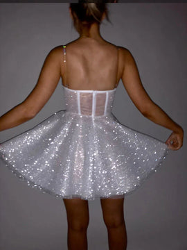 White Knee Length Tulle Straps Sweetheart Party Dress, White Shiny Short Party Dress Graduation Dress