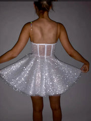 White Knee Length Tulle Straps Sweetheart Party Dress, White Shiny Short Party Dress Graduation Dress