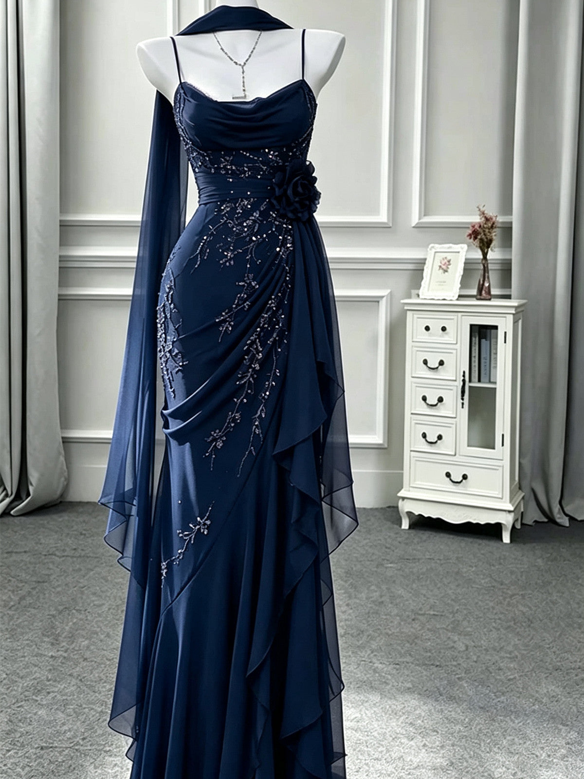 Navy Blue Chiffon Mermaid Straps Long Formal Dress, Navy Blue Lace-up with Lace Evening Dress