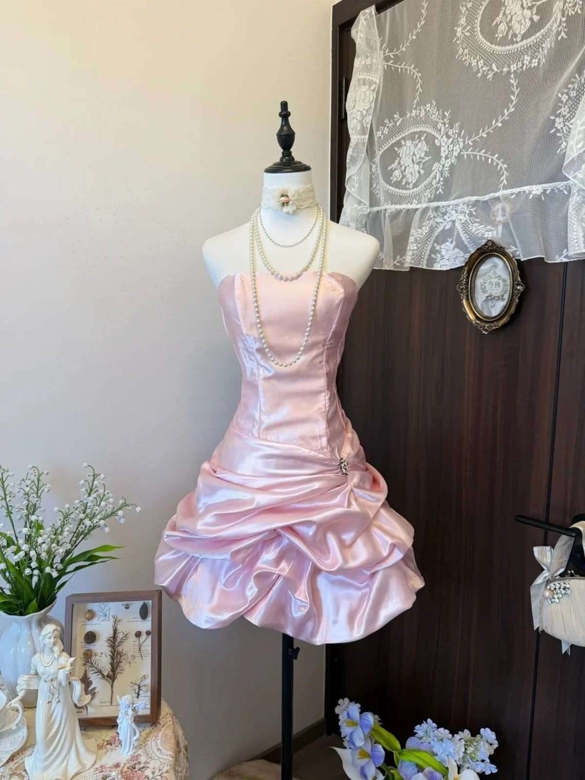 Cute Pink Strapless Satin Ruched Mini Homecoming Dress, Pink Short Prom Dress Formal Dress