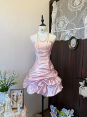 Cute Pink Strapless Satin Ruched Mini Homecoming Dress, Pink Short Prom Dress Formal Dress