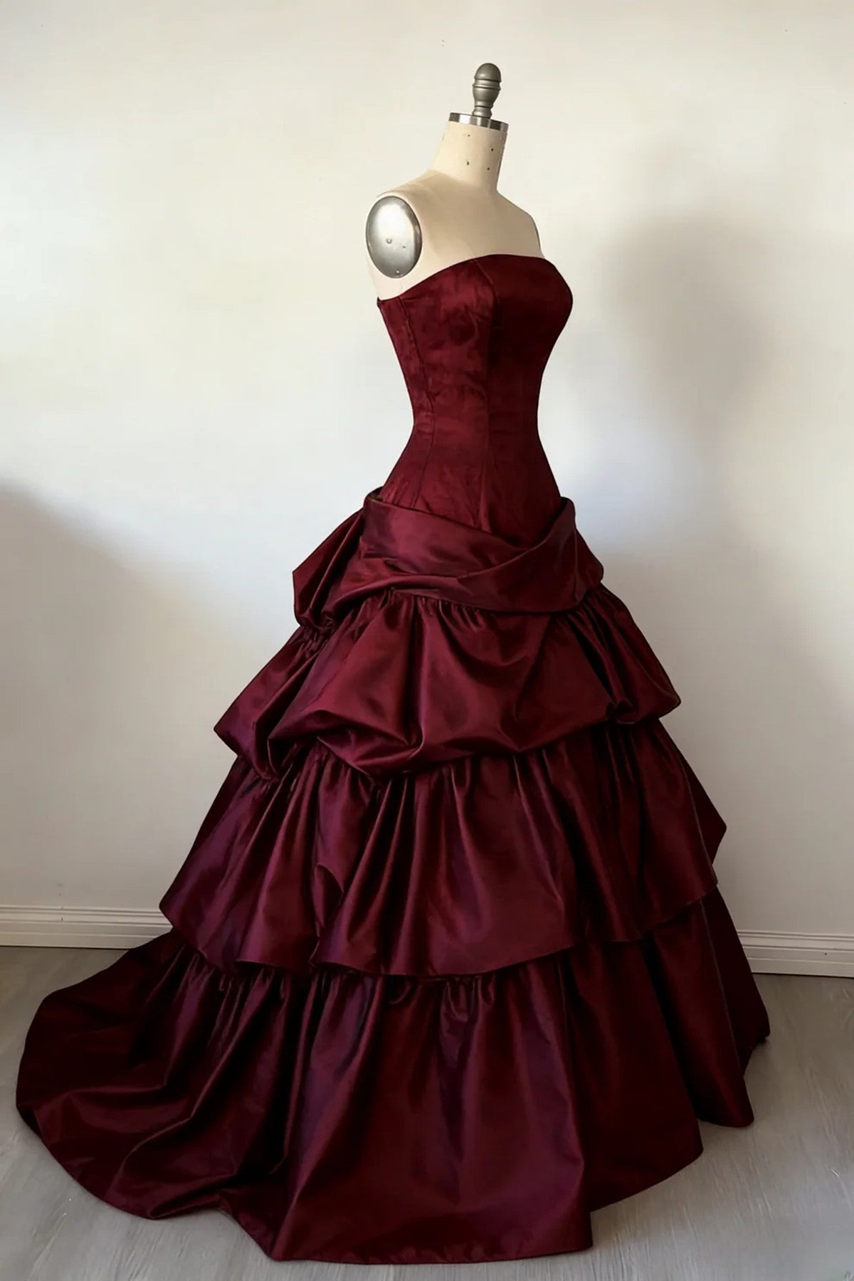 Wine Red Strapless Satin Layers Long Party Dress, Wine Red Satin Formal Dress Evening Dress