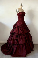 Wine Red Strapless Satin Layers Long Party Dress, Wine Red Satin Formal Dress Evening Dress