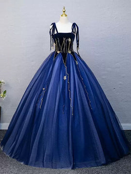 Blue Straps Scoop Floor Length Formal Dress, Blue Tulle and Velvet Low Back Prom Dress