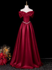 Lovely Wine Red Satin A-line Long Prom Dress with Beadings, Wine Red Off Shoulder Floor Length Party Dress