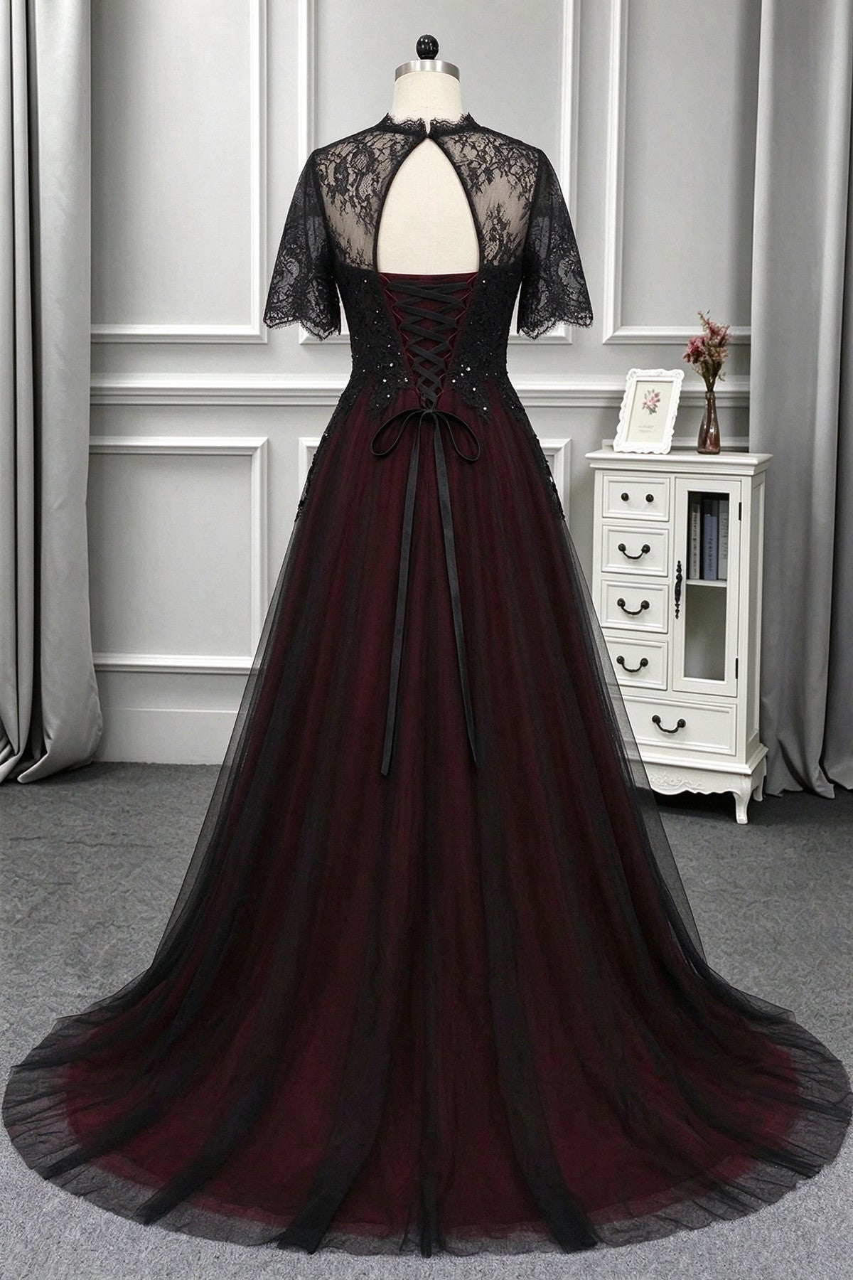 Gothic Black and Wine Red Tulle with Lace Long Prom Dress, A-line High Neckline Long Wedding Party Dress