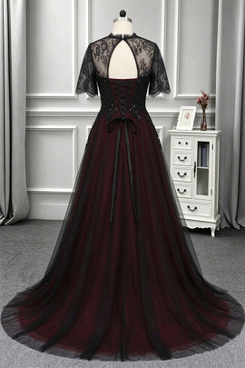 Gothic Black and Wine Red Tulle with Lace Long Prom Dress, A-line High Neckline Long Wedding Party Dress