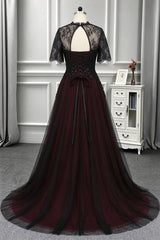 Gothic Black and Wine Red Tulle with Lace Long Prom Dress, A-line High Neckline Long Wedding Party Dress