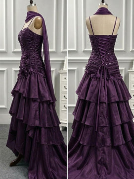 Charming Purple High Low Satin Straps Layers Prom Dress, Gothic Purple Long Party Dress