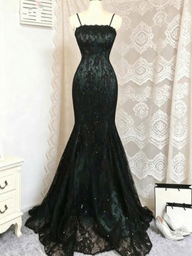 Black and Green Gothic Straps Mermaid Long Prom Dress, Charming Lace Party Dress Evening Dress