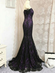 Elegant Gothic Black and Purple Lace Sweetheart Mermaid Prom Dress, Off Shoulder Long Party Dress