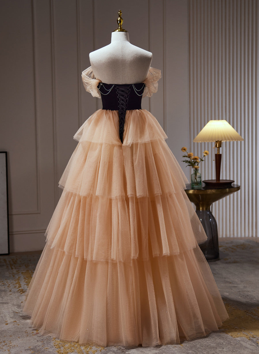 Black and Champagne Sweetheart Layers Tulle Long Party Dress, A-line Evening Dress