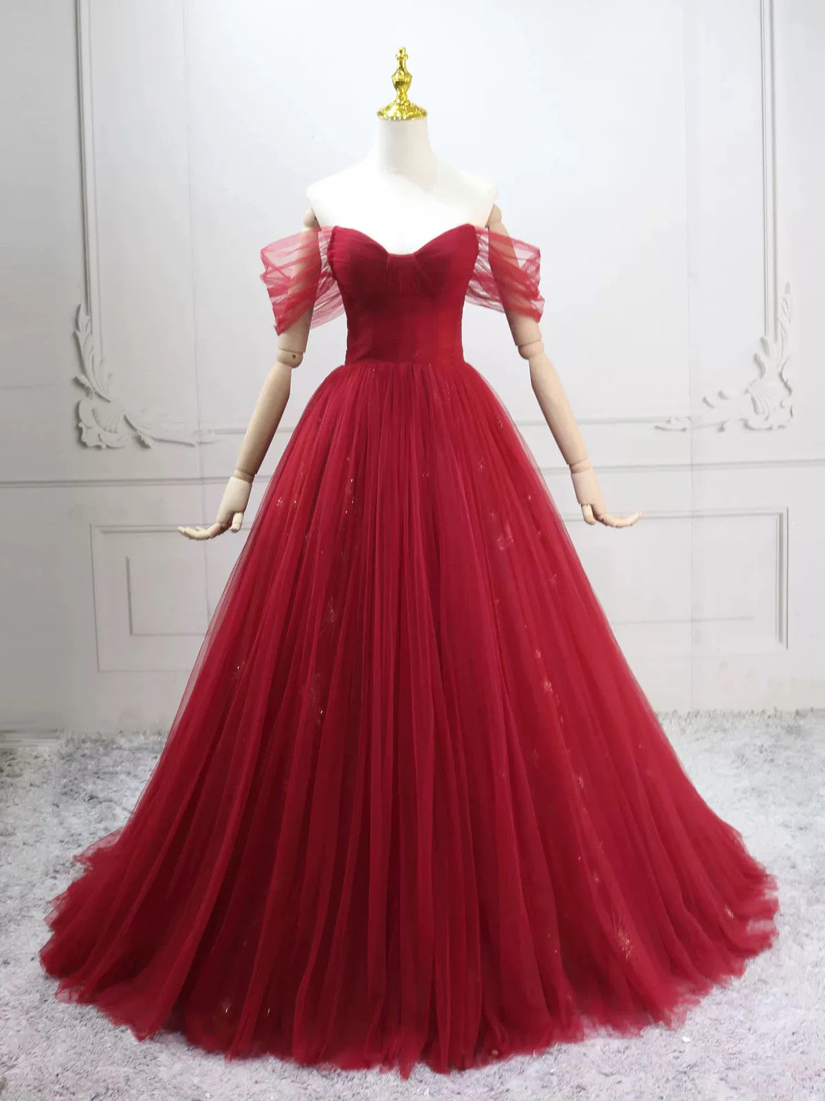 Wine Red Tulle Off Shoulder A-line Prom Dress, Wine Red Tulle Evening Dress Formal Dress