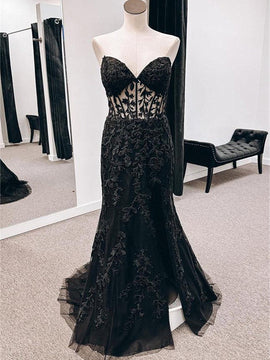 Black Mermaid Lace Sweetheart Strapless Party Dress, Black Lace Long Evening Dress