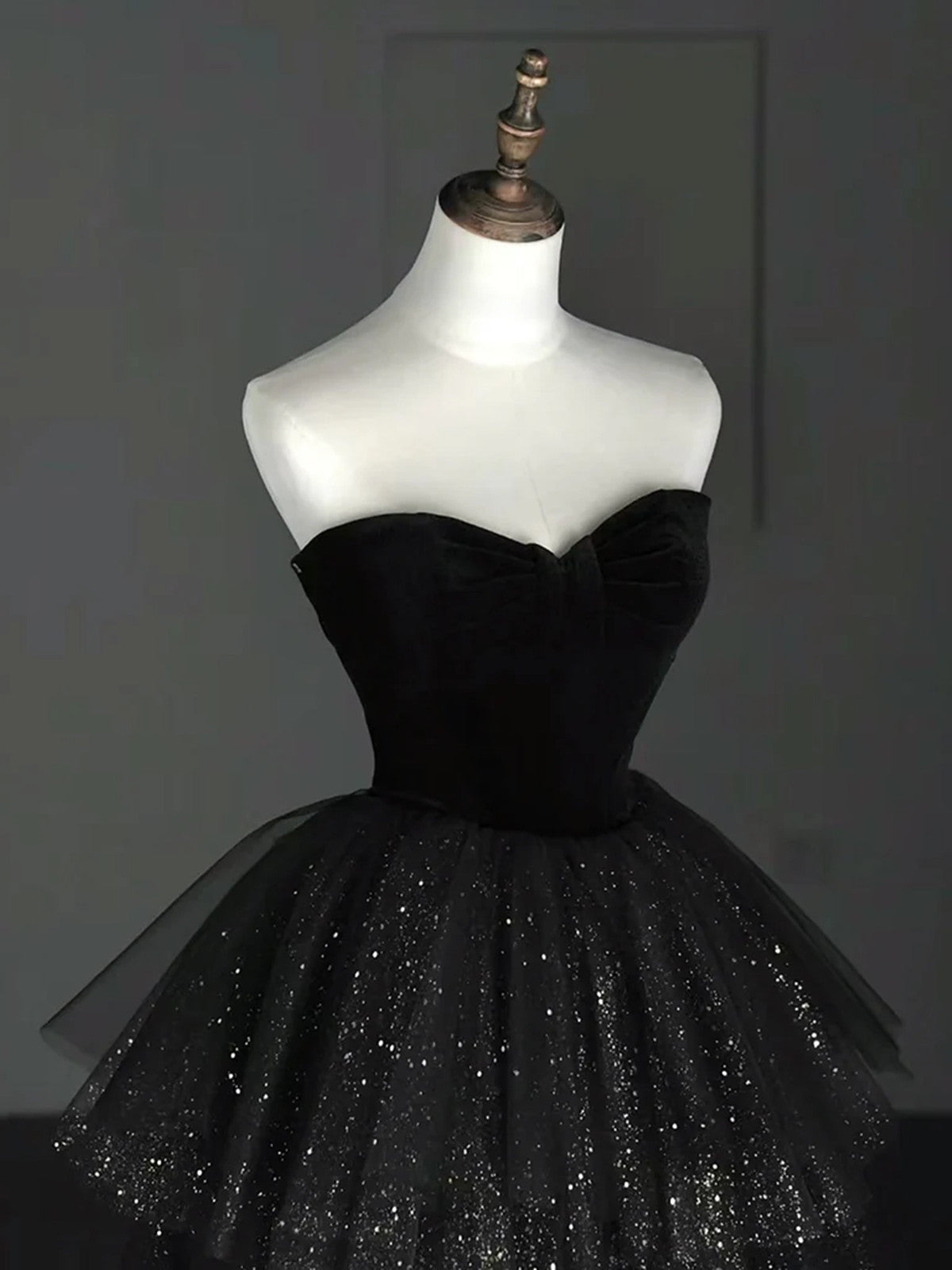 Black Sweetheart Tulle and Velvet Layers Prom Dress, Black Floor Length Party Dress