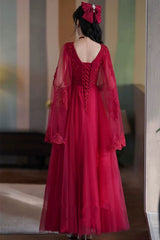 Charming Wine Red Tulle V-neckline with Lace Applique Formal Dress, Wine Red Tulle Evening Dress