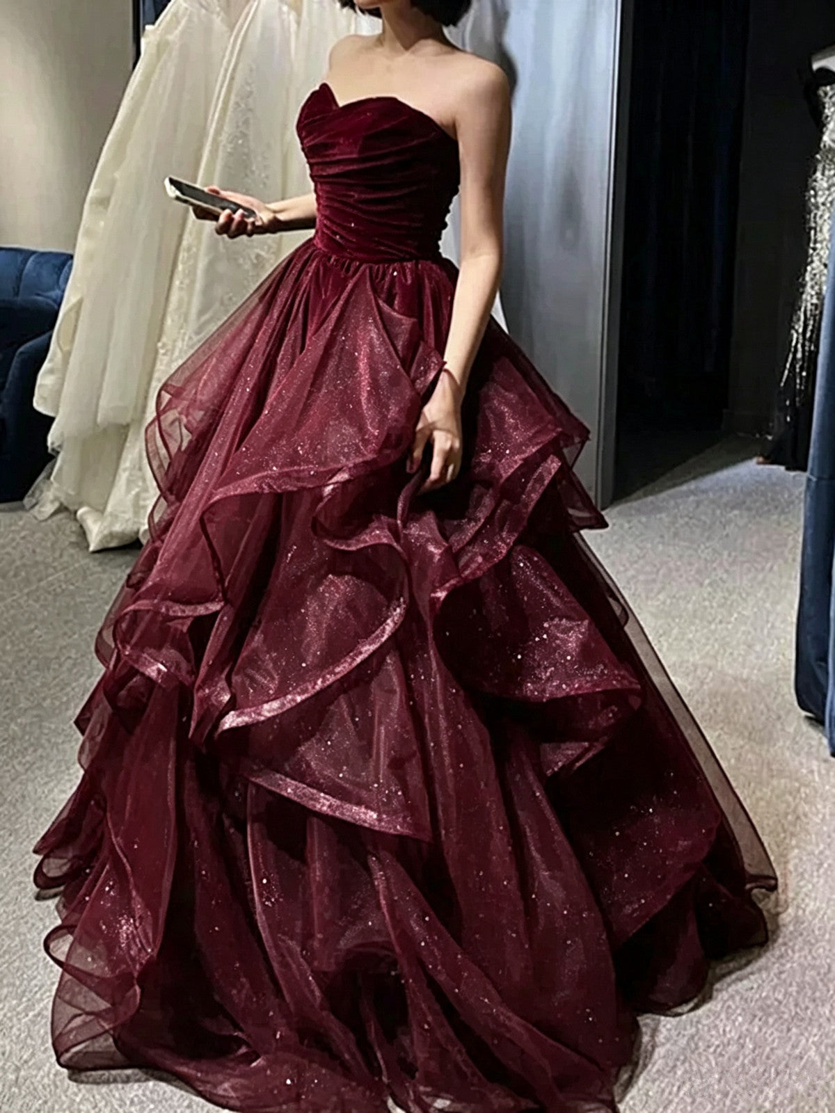 Wine Red Tulle Sweetheart Layers Long Formal Gowns, Wine Red Strapless Long Prom Dress