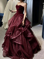 Wine Red Tulle Sweetheart Layers Long Formal Gowns, Wine Red Strapless Long Prom Dress