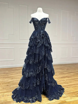 Navy Blue A-line Layers Tulle with Lace Applique Party Dress, Navy Blue Tulle Formal Dress