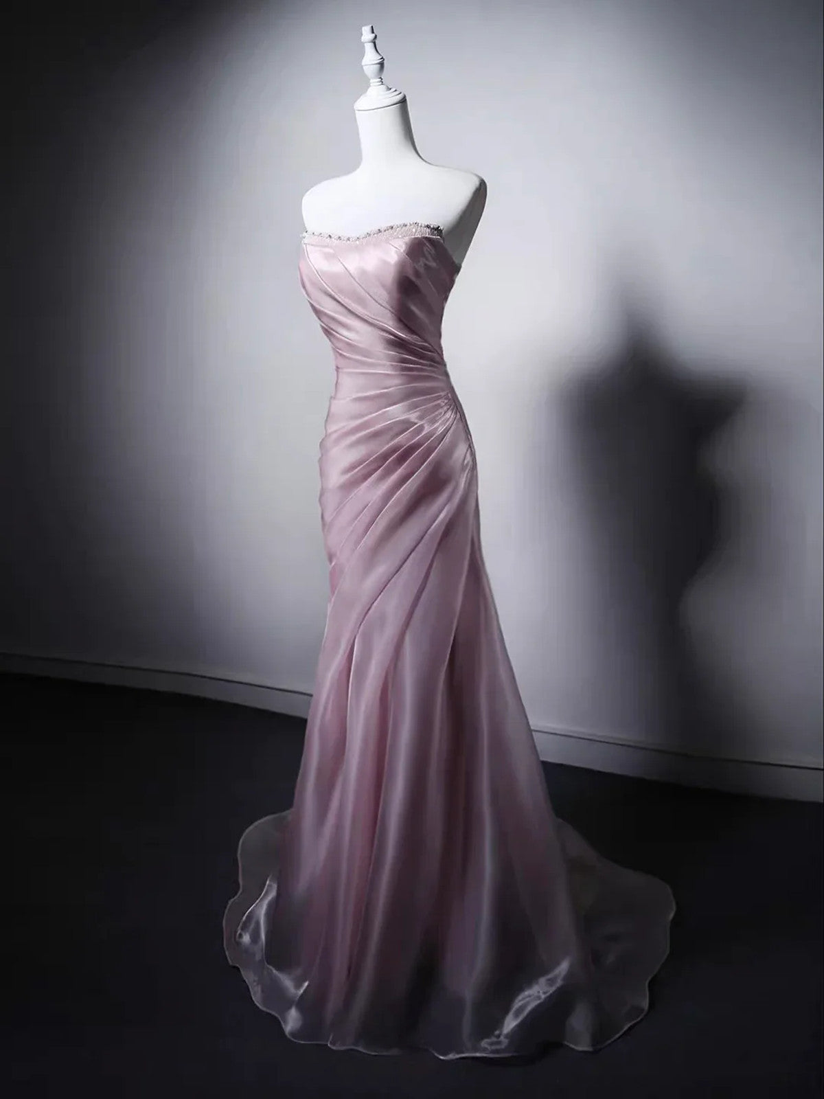Elegant Pink Strapless Beaded Sweetheart Long Party Dress, Pink Floor Length Lace-up Prom Dress