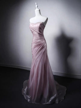 Elegant Pink Strapless Beaded Sweetheart Long Party Dress, Pink Floor Length Lace-up Prom Dress