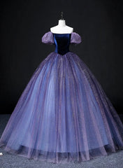 Off Shoulder Purple Tulle and Velvet Long Party Dress, Purple Prom Dresses