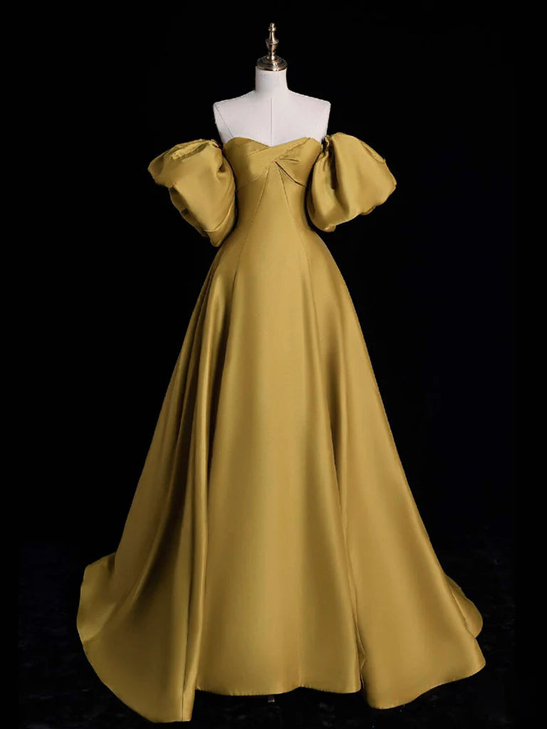Gold Satin A-line Lace-up Long Party Dress with Sleeves, Gold Satin Pr