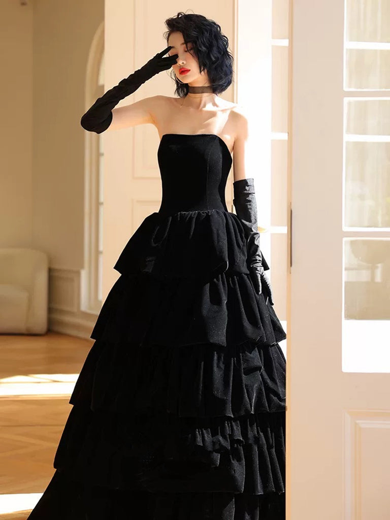 Black Velvet Straps V-neckline Long Party Dress, A-line Velvet Prom Dress main image 1