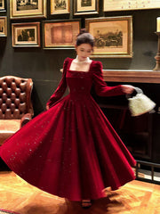 Wine Red Long Sleeves Velvet Floor Length Party Dress, Wine Red Velvet Long Prom Dress