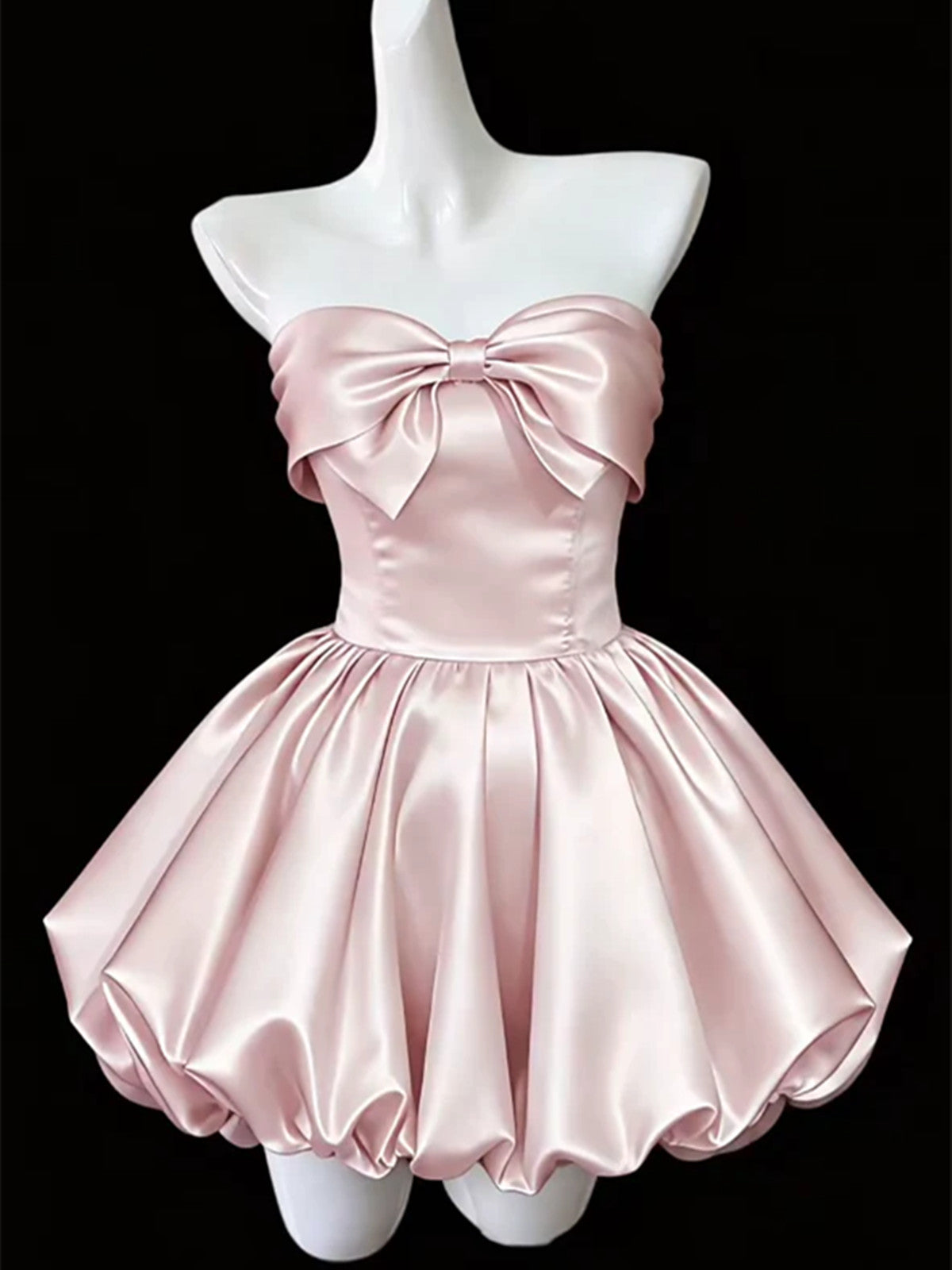 Pink Satin Strapless Short Dress with Bow Bodice, Sweetheart Neckline Short Party Dress