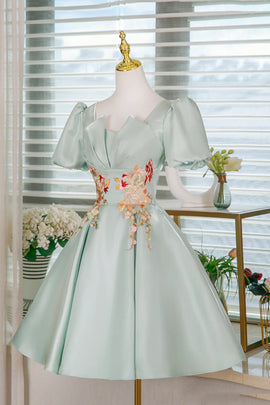 Green Satin Short Sleeves Sweetheart Homecoming Dress, Green A-line Short Prom Dress