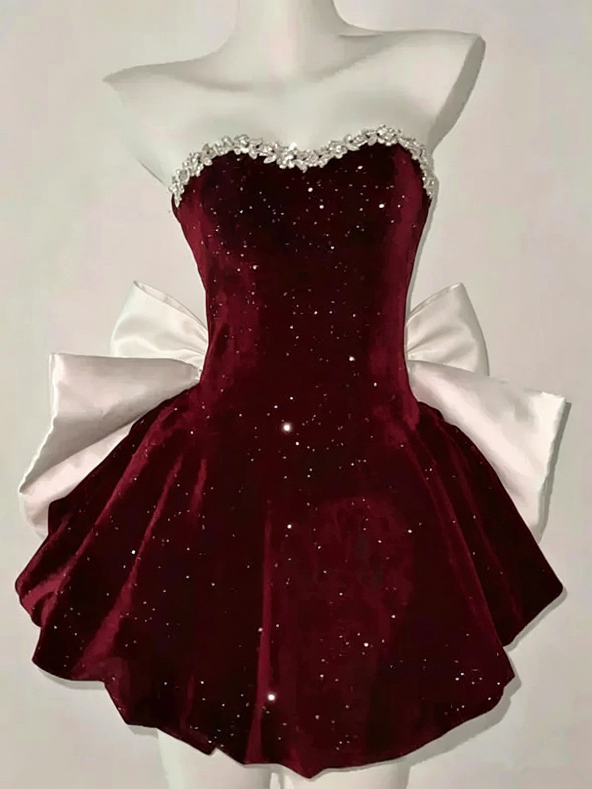 Wine Red Velvet Beaded Short Party Dress, Wine Red Formal Dress Homecoming Dress with Bow