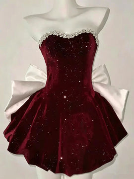 Wine Red Velvet Beaded Short Party Dress, Wine Red Formal Dress Homecoming Dress with Bow