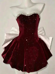 Wine Red Velvet Beaded Short Party Dress, Wine Red Formal Dress Homecoming Dress with Bow