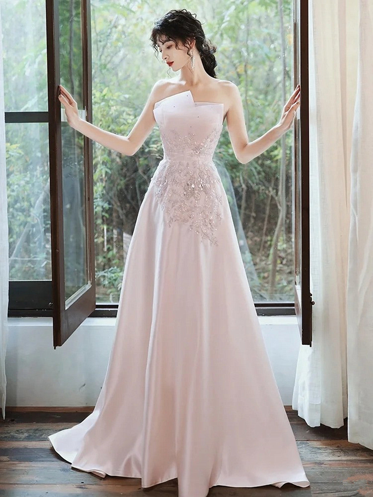 A-line Pink Satin and Tulle with Lace Formal Dress, Pink Strapless Evening Dress Prom Dress