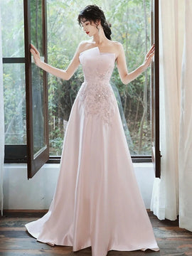 A-line Pink Satin and Tulle with Lace Formal Dress, Pink Strapless Evening Dress Prom Dress